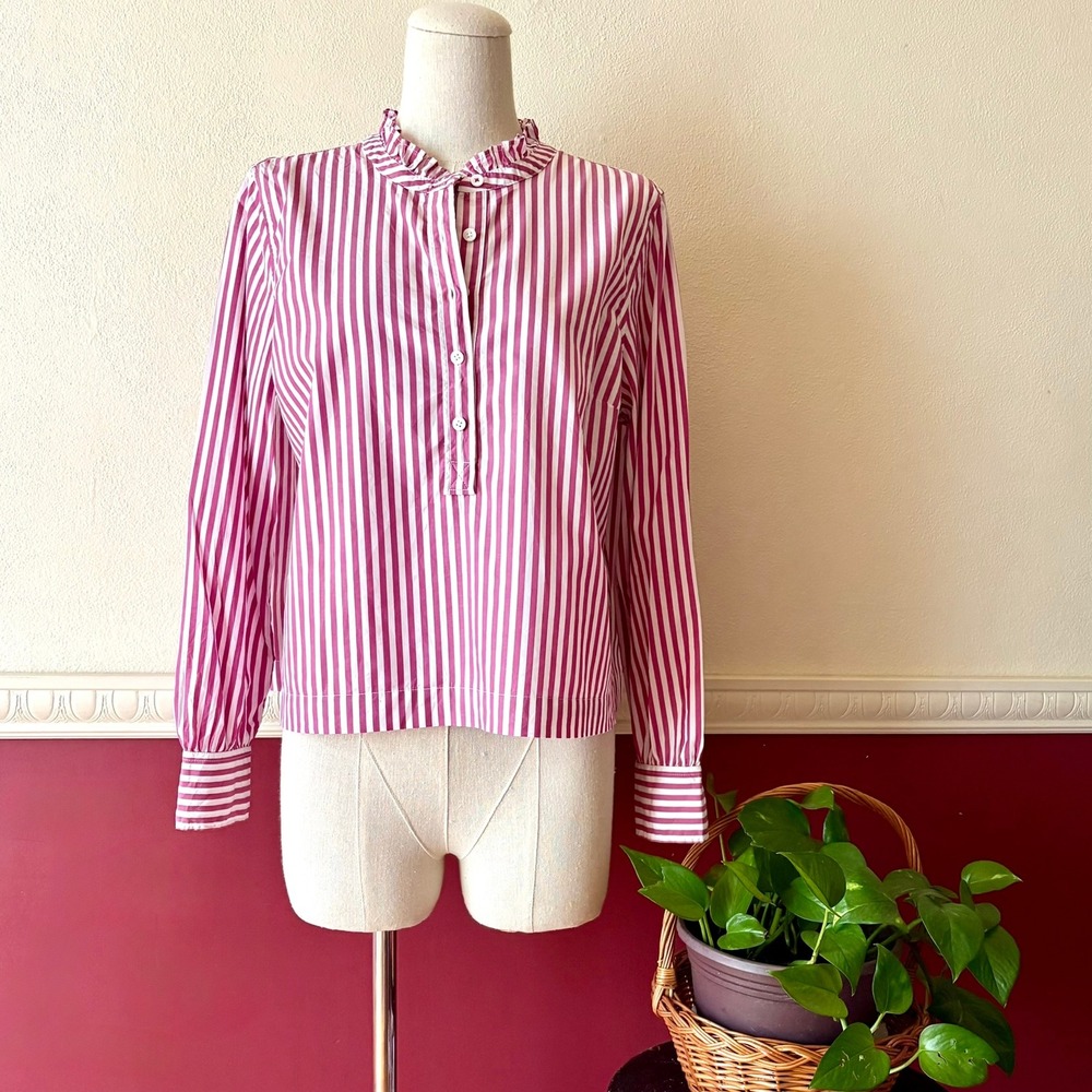 Talbots Petite Ruffle Neck Top Regency Stripe 100%‎ Cotton Poplin Blouse Size MP